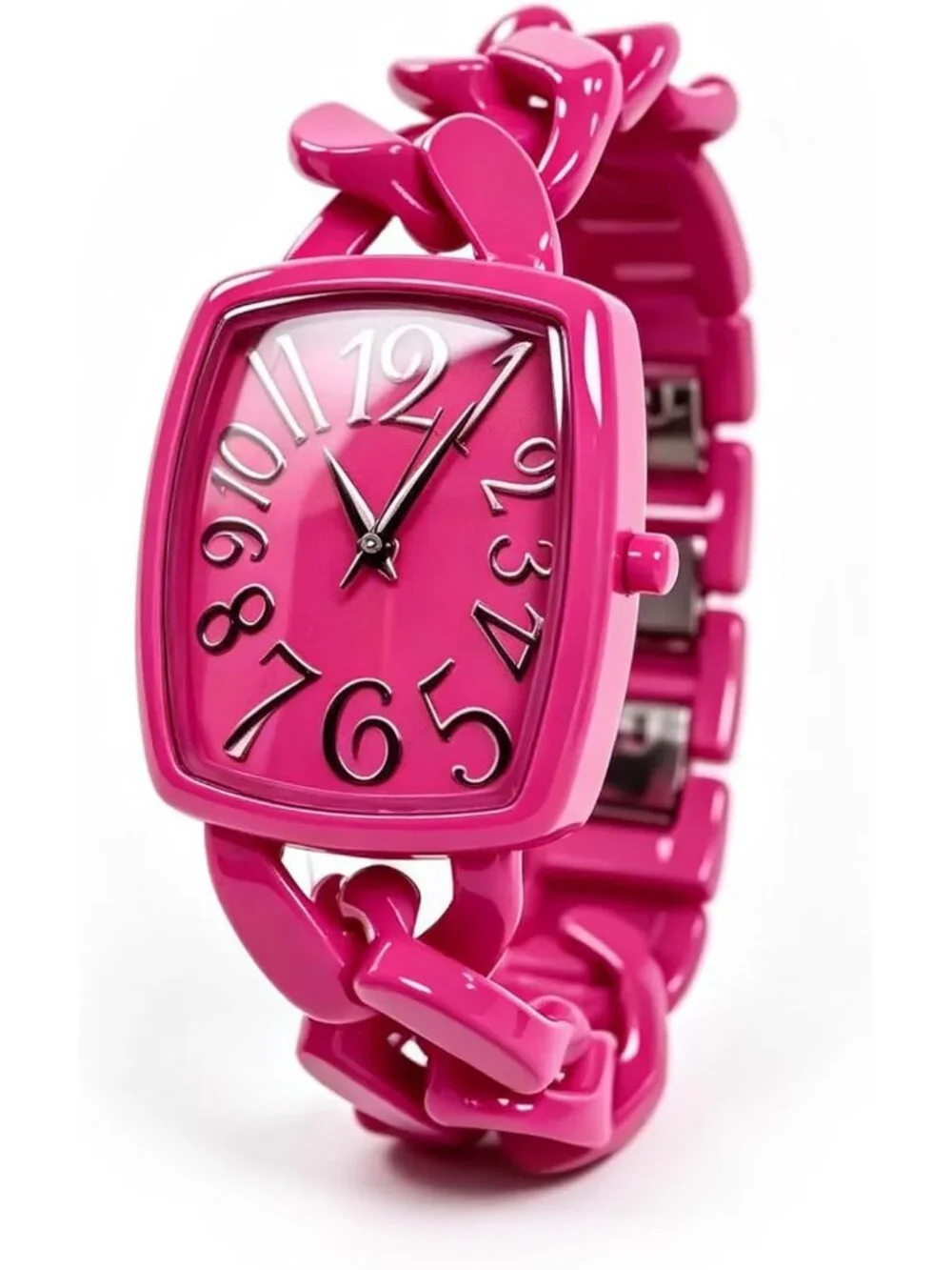 Women's Fushia Metal Chain Bracelet Small Wrist Square Face Analog Stylish Watch